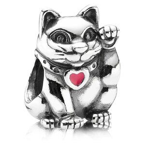 PANDORA Lucky Cat Charm Authentic Sterling Silver Animal Red Enamel Heart Luck